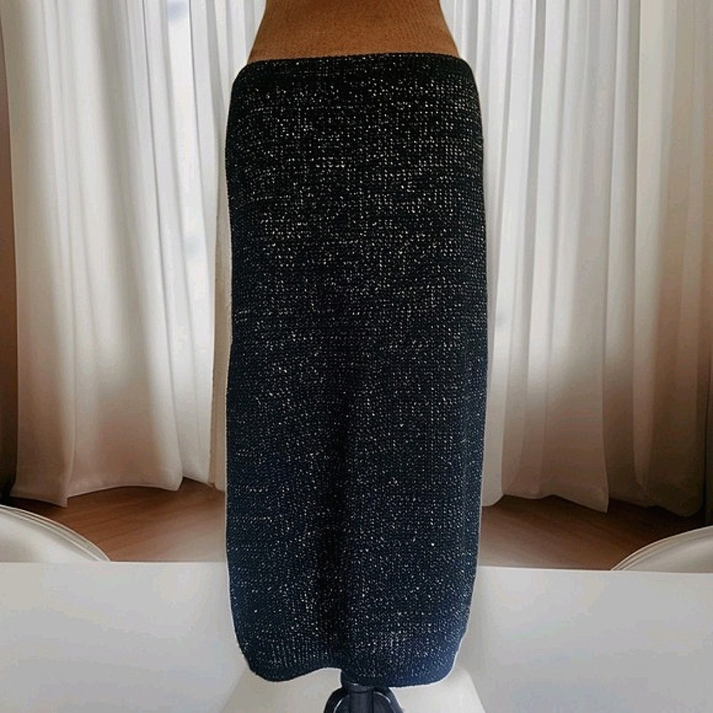 Vintage Inside Out Fashions‎ Knit Midi Skirt Black Gold Metallic 90s Size M